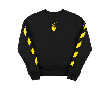 The back of the Off-White Yellow Caravaggio Sweatshirt in yellow, with design details visible.
