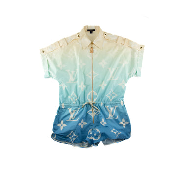 The front of the Louis Vuitton Blue Lagoon Monogram Playsuit.