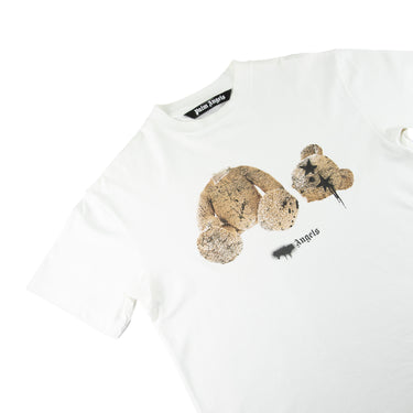 The front of the Palm Angels Spray Logo Kill The Bear White T Shirt.