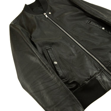 The flat lay of the Rick Owens Leather Flight Bomber Jacket.