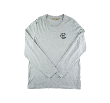 The front of the Burberry Grey Embroidered Logo Long Sleeve T Shirt.
