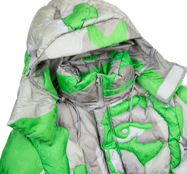 The hood of the Louis Vuitton x Kidsuper Patchwork Puffer Jacket.