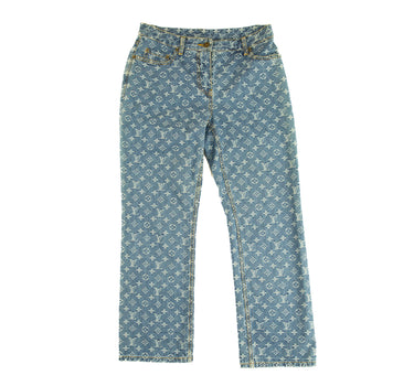 The front of the Louis Vuitton Monogram Denim Jeans.