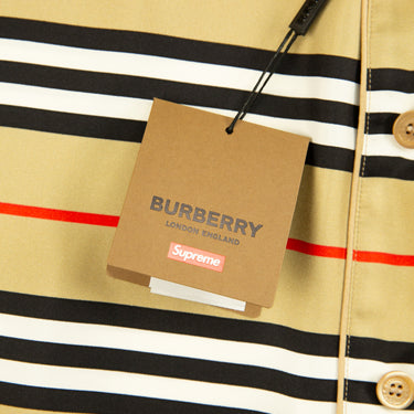 The tag of the Burberry x Supreme Icon Silk Pajama Shirt Archive Beige.