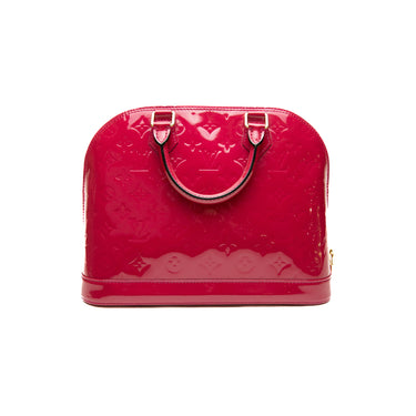 The back of the Louis Vuitton Alma Monogram Vernis PM Wine Red Handbag.