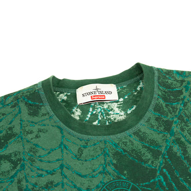 The collar and inside label of the Stone Island x Supreme FW23 Dark Green T Shirt.