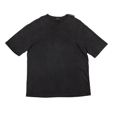 The front of a Balenciaga Black Shoulder Tag T-shirt, showcasing its sleek design.