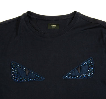 The front design of the Fendi Bag Bugs Gem Studded Navy T Shirt.