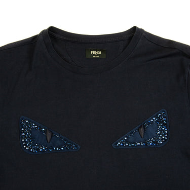 The front design of the Fendi Bag Bugs Gem Studded Navy T Shirt.