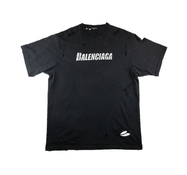 The front of the Balenciaga Distressed Logo Black T Shirt.