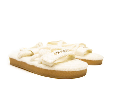The front of the Chanel Cord Lambskin Quilted Sandals.