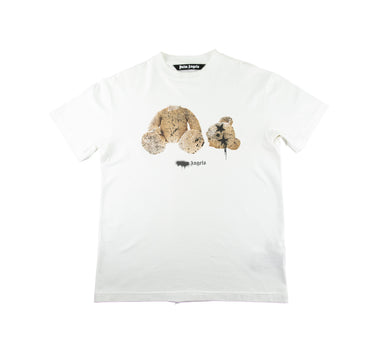 The front of the Palm Angels Spray Logo Kill The Bear White T Shirt.