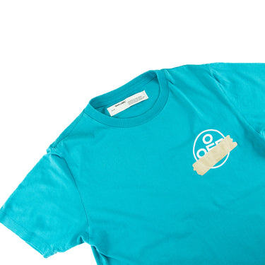 The flat lay of the Off-White Tape Arrows Teal T Shirt.