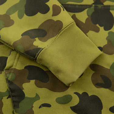 The sleeve of the A Bathing Ape 1st Camo Green College Hoodie.