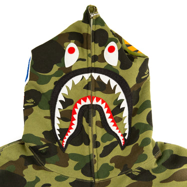 The hood of the A Bathing Ape Green Camo Shark Full Zip Hoodie.