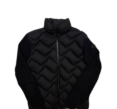 The front of the Moncler Quilted Shell Ribbed Knit Cardigan Jacket.