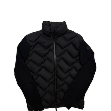 The front of the Moncler Quilted Shell Ribbed Knit Cardigan Jacket.