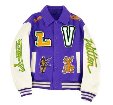 The front of a Louis Vuitton Multi-Patches Mixed Leather Varsity Jacket in purple with white sleeves and orange patches.