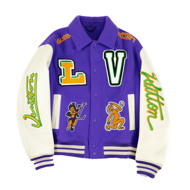 The front of a Louis Vuitton Multi-Patches Mixed Leather Varsity Jacket in purple with white sleeves and orange patches.
