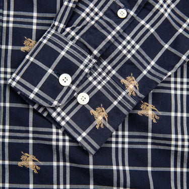The sleeve of the Burberry Navy Check Equestrian Knight Shirt.
