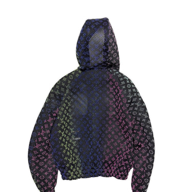 The back of the Louis Vuitton Rainbow Gradient Mesh Bomber Jacket.
