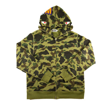 The front of the A Bathing Ape Green Camo Shark Full Zip Hoodie.