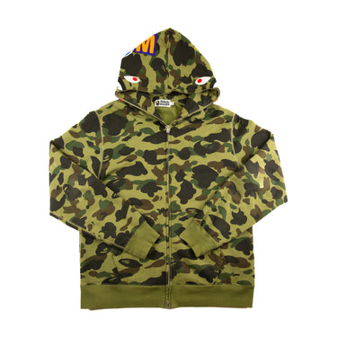 The front of the A Bathing Ape Green Camo Shark Full Zip Hoodie.
