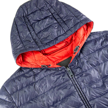 The hood of the Prada Milano Navy Puffer Jacket.