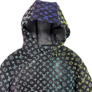 The hood of the Louis Vuitton Rainbow Gradient Mesh Bomber Jacket.