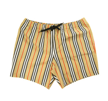 The front of the Burberry Striped Check Print Swim Shorts.