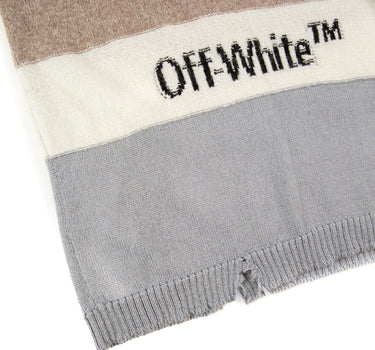 The logo of the Off-White Distressed Stripe Knit Sweater.