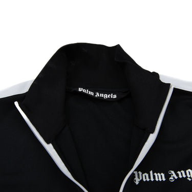 The collar of the Palm Angels Black Track Jacket.