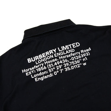 The back logo of the Burberry Location Black Polo Shirt.