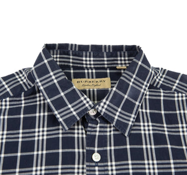 The collar of the Burberry Navy Check Equestrian Knight Shirt.