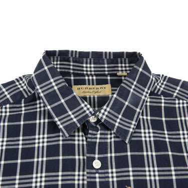 The collar of the Burberry Navy Check Equestrian Knight Shirt.
