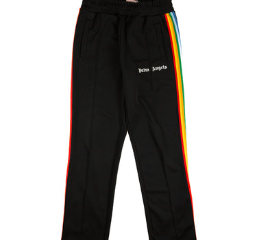 The front of the Palm Angels Black Rainbow Sweatpants.