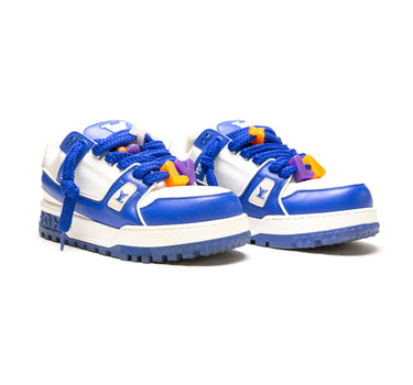The front of the Louis Vuitton LV Trainer Maxi Blue White Sneaker.