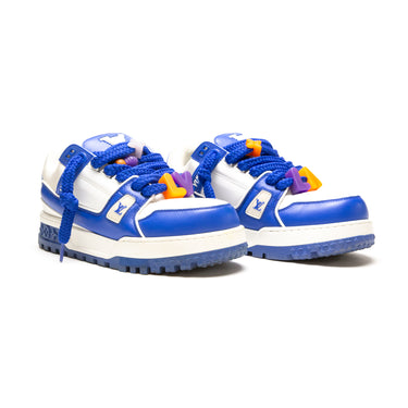 The front of the Louis Vuitton LV Trainer Maxi Blue White Sneaker.