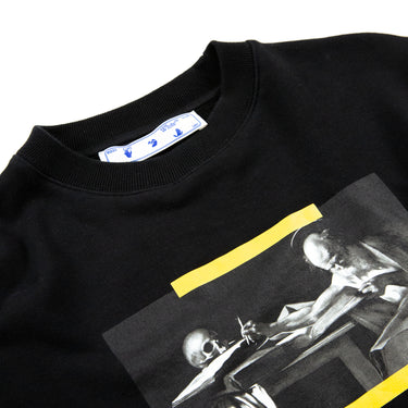 A close up detail of the front of the Off-White Yellow Caravaggio Sweatshirt.