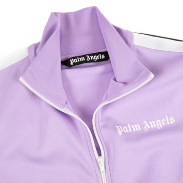 The collar and inside label of the Palm Angels Lilac Track Jacket.