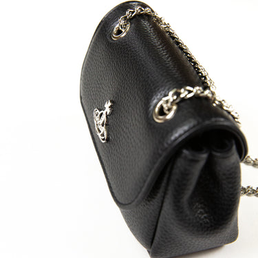 The side of the Vivienne Westwood Re-Vegan Grain Small Crossbody Bag in black.