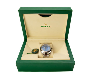 The watch inside the box of the Rolex Datejust Roman 41mm Dial 126300 2016.