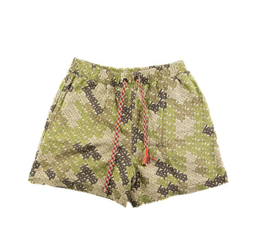 The front of the Burberry Green Camo Shorts.