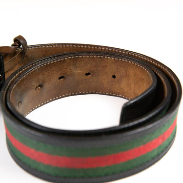 A close up of a particular part of the Gucci Classic Striped GG Belt in multicolour.