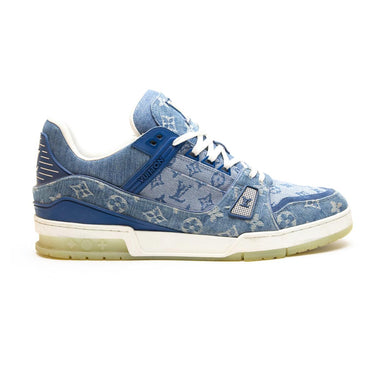 The right of the Louis Vuitton LV Denim Monogram Trainer.