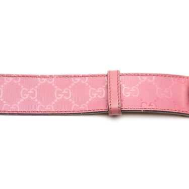 The monogram detail of the Gucci Pink Monogram Gold GG Buckle Belt.
