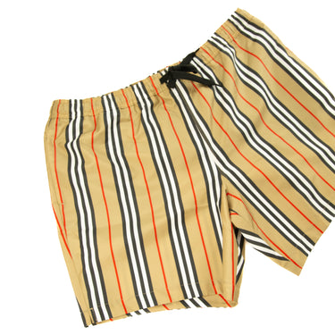 The flat lay of the Burberry Striped Check Print Swim Shorts.