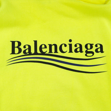 The back logo of the Balenciaga Neon Yellow Campaign Hoodie.
