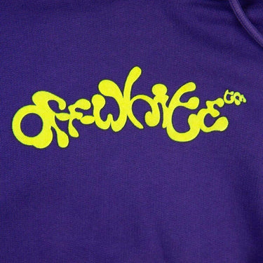 The front logo of the Off-White Exactly The Opposite Purple Hoodie.