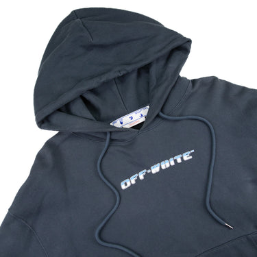 The hood of the Off-White Between Arrows Navy Hoodie.